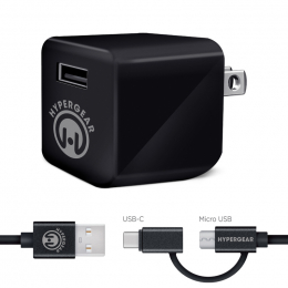 HyperGear - Bloc et Cable 2 en 1 USB-C / Micro-USB 4 pieds - Noir